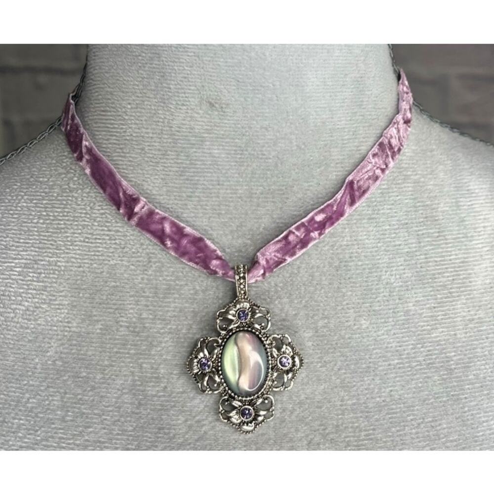 Handmade Faux Moonstone Victorian Choker Necklace with Crushed Velvet Band